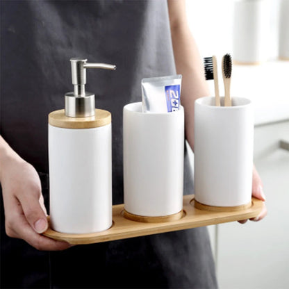 Ceramic Bamboo Toothbrush Holder Cup, Bathroom Accessories Set, Tumblers, Emulsion Container, Dishwashing Liquid Container