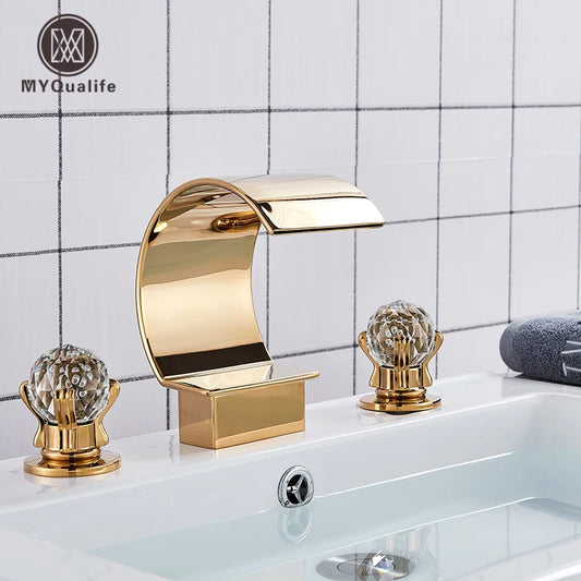 Luxurious Gold Bathroom Basin Faucet Brass  Gold Bathroom Basin Faucet Brass Deck Mounted Double handle Cold and Hot Waterfall Basin faucet