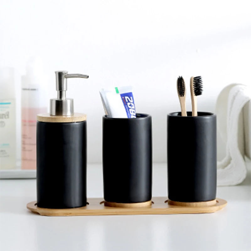 Ceramic Bamboo Toothbrush Holder Cup, Bathroom Accessories Set, Tumblers, Emulsion Container, Dishwashing Liquid Container