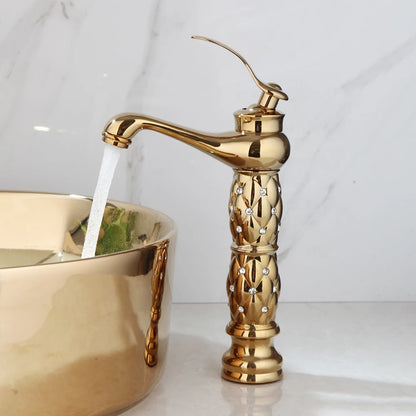 JIENI Bathroom Golden Plated Ceramic Round Combine Faucet Set Diamond Setting Lavatory Washbasin Sink Mixer Faucet w/ Pop Drain