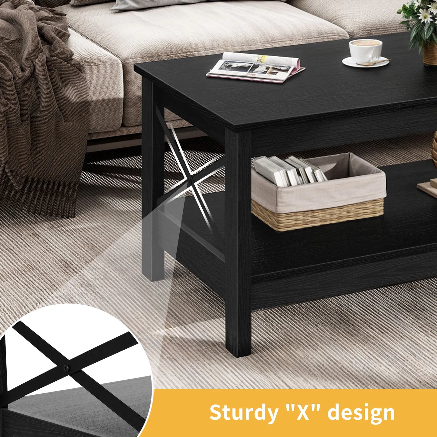 2 Drawer Square Center Table Coffee Table with LED Light Modern Cocktail Table