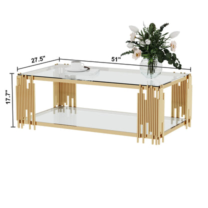 Stainless Steel Rectangle Glass Coffee Table for Living Room 51.18" Modern Center Table with Clear Tempered Glass 8mm Gold Leg