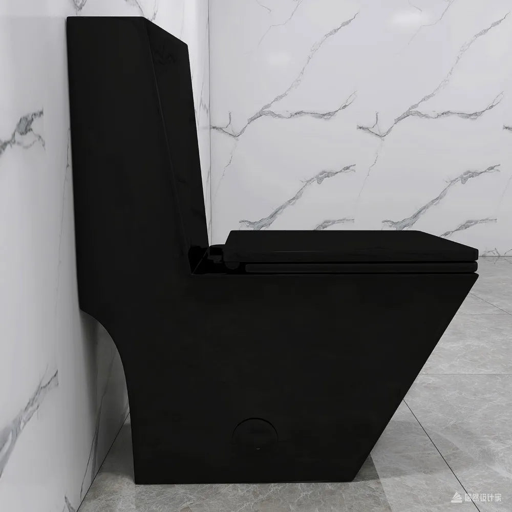 Square One Piece Toilet Black With Gold Button For Modern Bathroom,Diamond-shaped Sleek Design Elonagted Rectangle Glossy Black