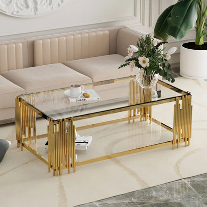 Stainless Steel Rectangle Glass Coffee Table for Living Room 51.18" Modern Center Table with Clear Tempered Glass 8mm Gold Leg