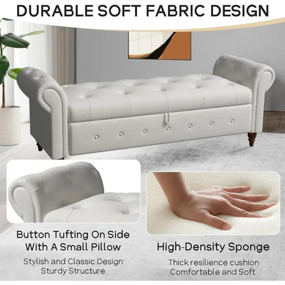 Storage Ottoman Bench, End of Bed Button Tufted Ottoman Bench, Rolled Armed Ottoman Couch Long Bench for Bedroom, Living Room