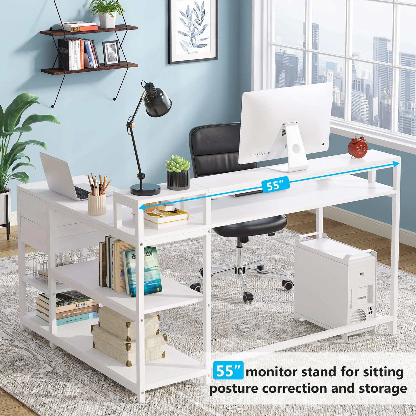 Tribesigns Reversible L Shaped Desk with Drawer, Industrial Corner Desk Home Office Table with Shelves and Monitor Stand