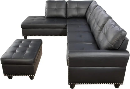 Transitional PU Faux Leather Leather Sectional Sofa with Lift-top Storage Ottoman for Living Room in Black Finish