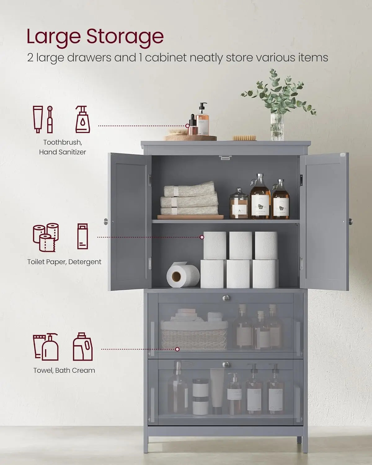 Bathroom Floor Storage Cabinet, Bathroom Storage Unit, Freestanding Cabinet with 2 Drawers and 2 Doors, Adjustable Shelf