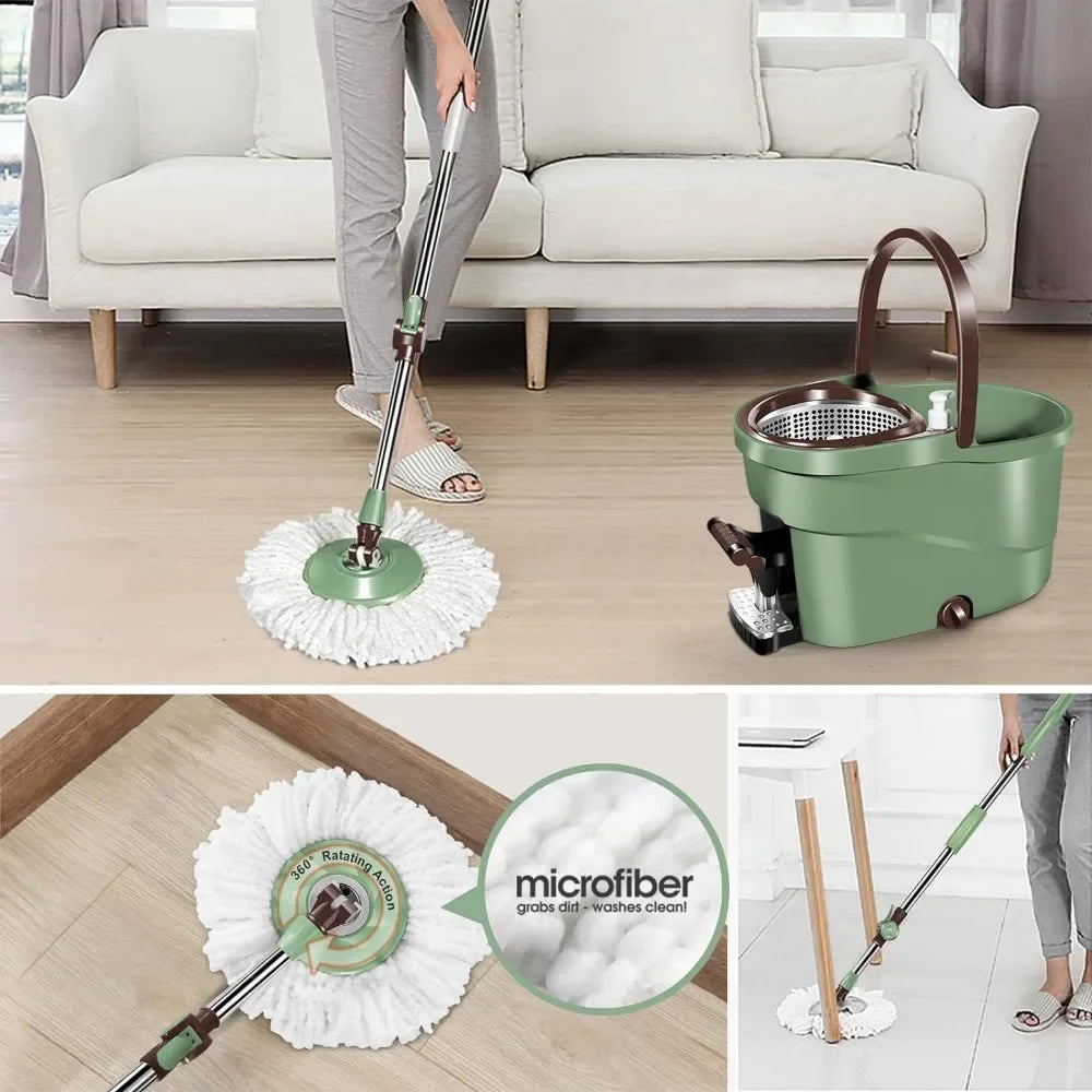 Spin Mop and Bucket with Wringer Set, Floor Cleaning System with Foot Pedal, Easy Wring, Adjustable Handle