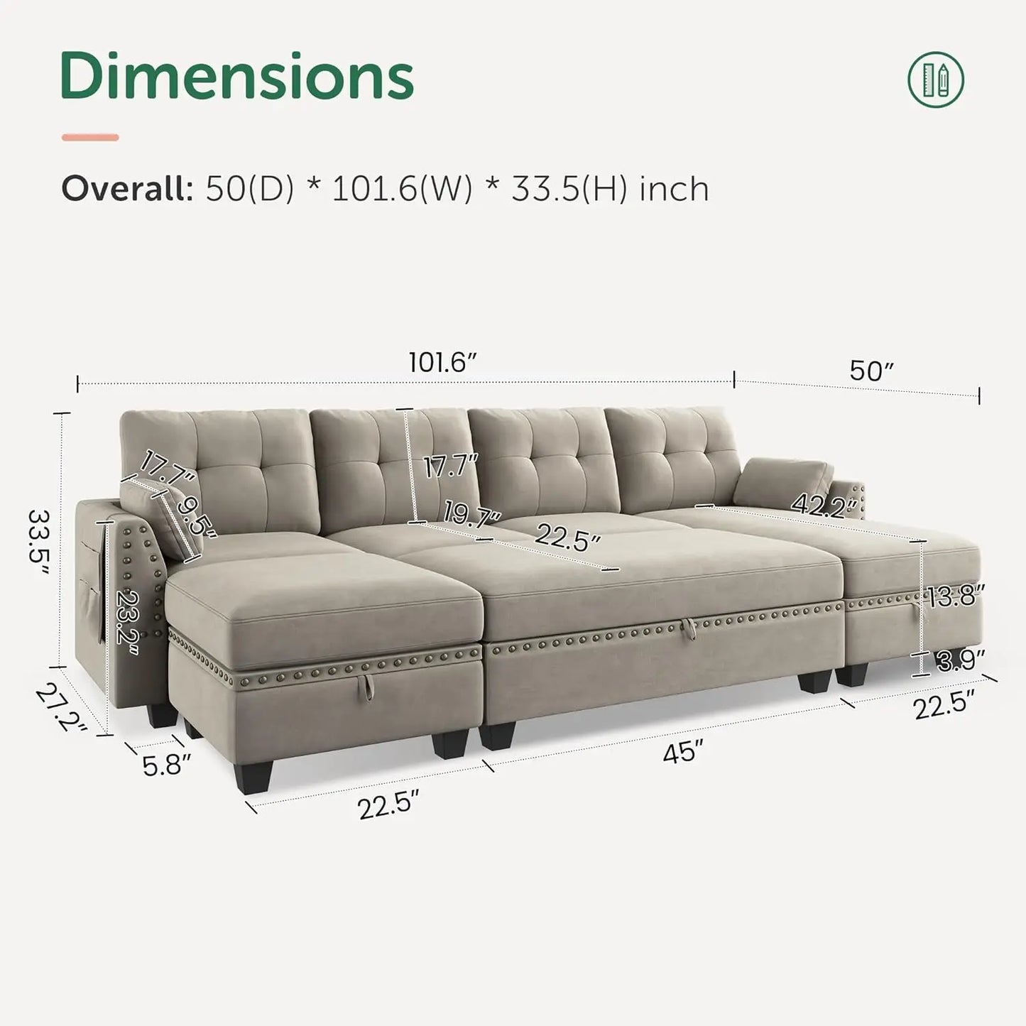 Velvet Reversible Sectional Sleeper Sofa with Storage Ottoman Convertible Couch 4-Seater Sectional Sofa Bed for Living Room