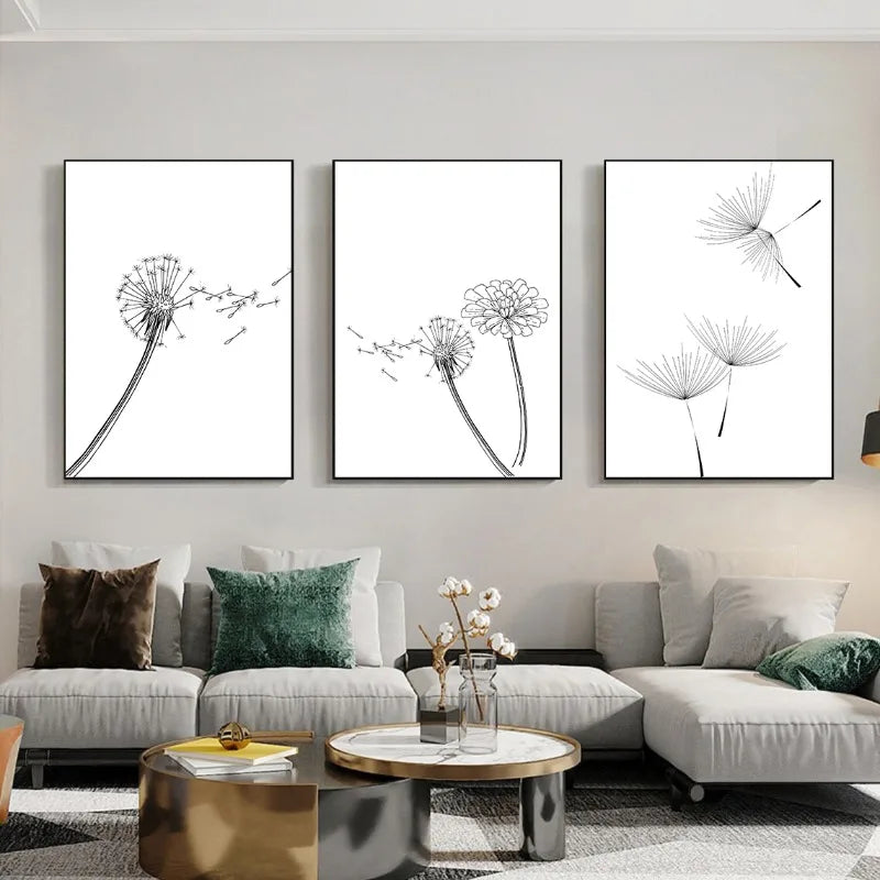 Dandelion Bathroom Black and White Floral Posters Prints Neutral Wall Art Botanical Canvas Painting Living Home Bedroom Decor