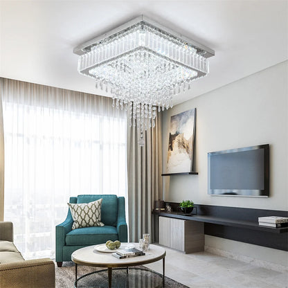 Luxury Crystal Square Bright Led Chandelier Modern Pendant Light Ceiling Lamp Dimmable Flush Mount Bedroom Dinning Living Room