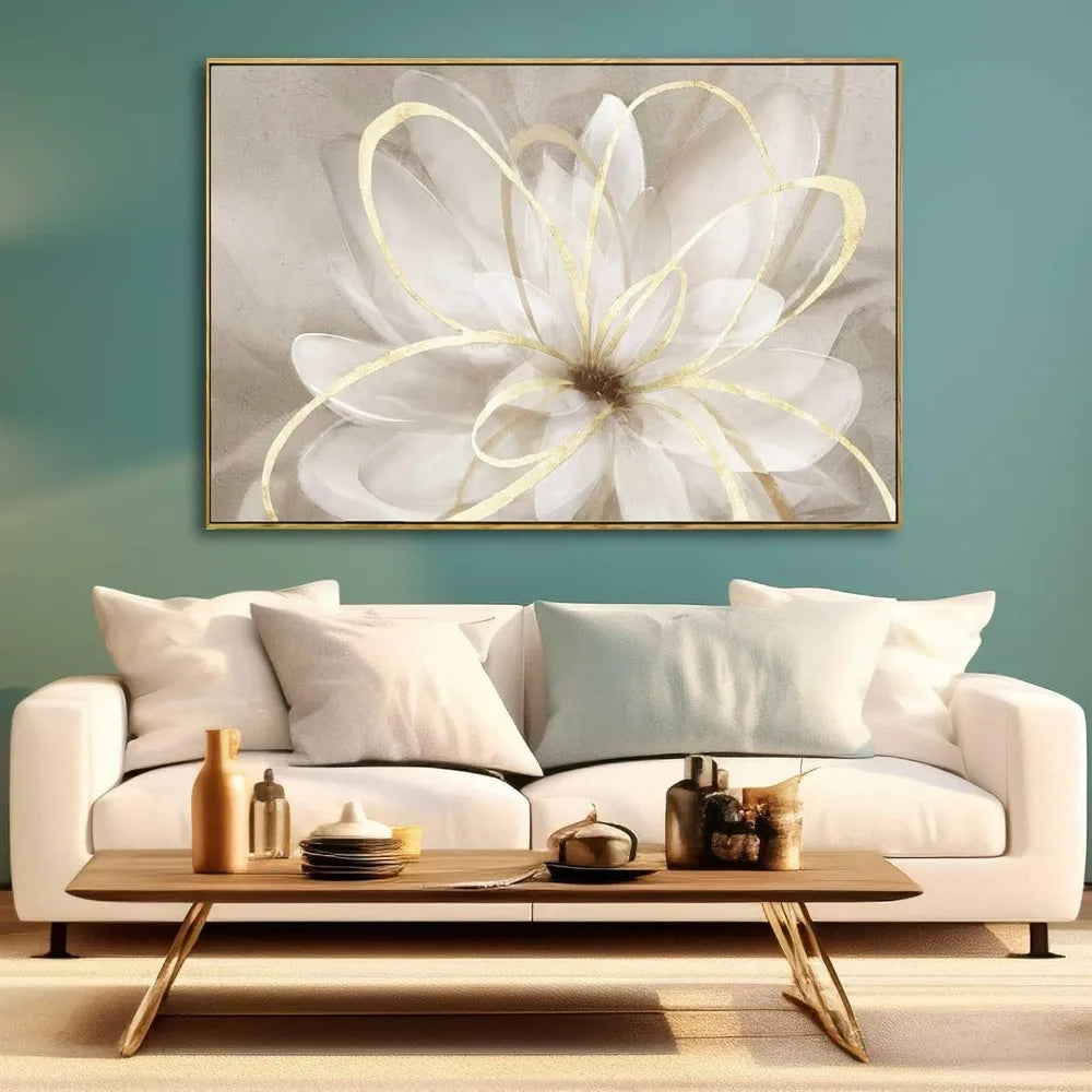 Living room flower wall art 32x48 inch gold large artwork painting, used for bedroom, kitchen, home office