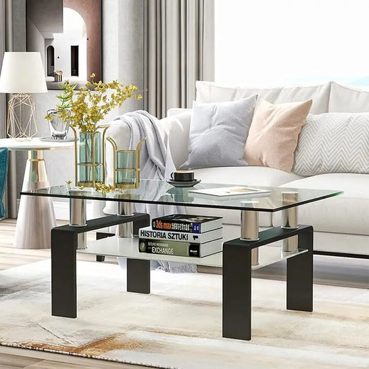 Rectangler Center Table with LED Lights2-Tier Tea Table Modern Side Coffee Table for Living Room