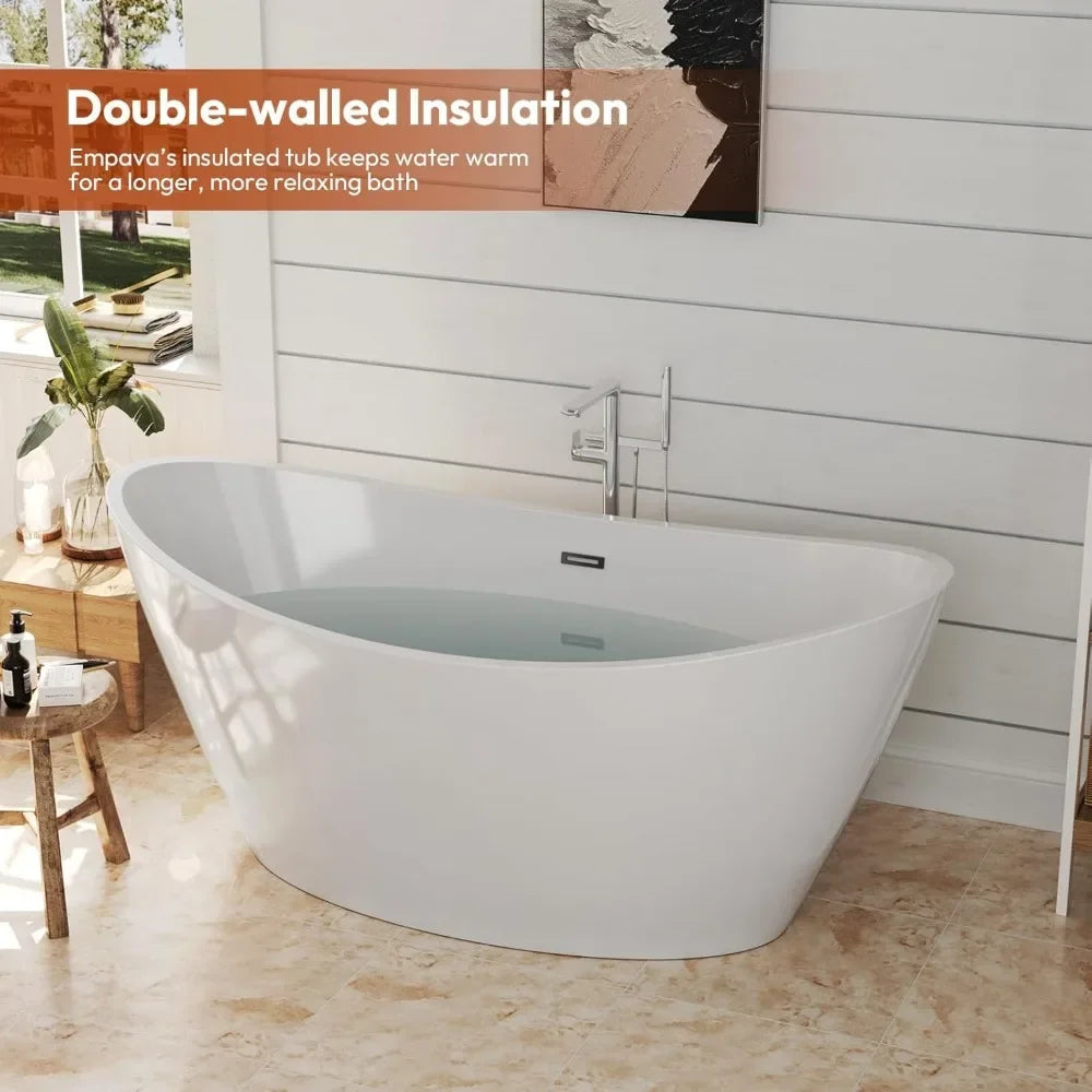 Bathtub, 59-inch, Acrylic Freestanding, Deep Soaking Tub with Overflow and Drain, Spa Tubs, Freestanding Tub