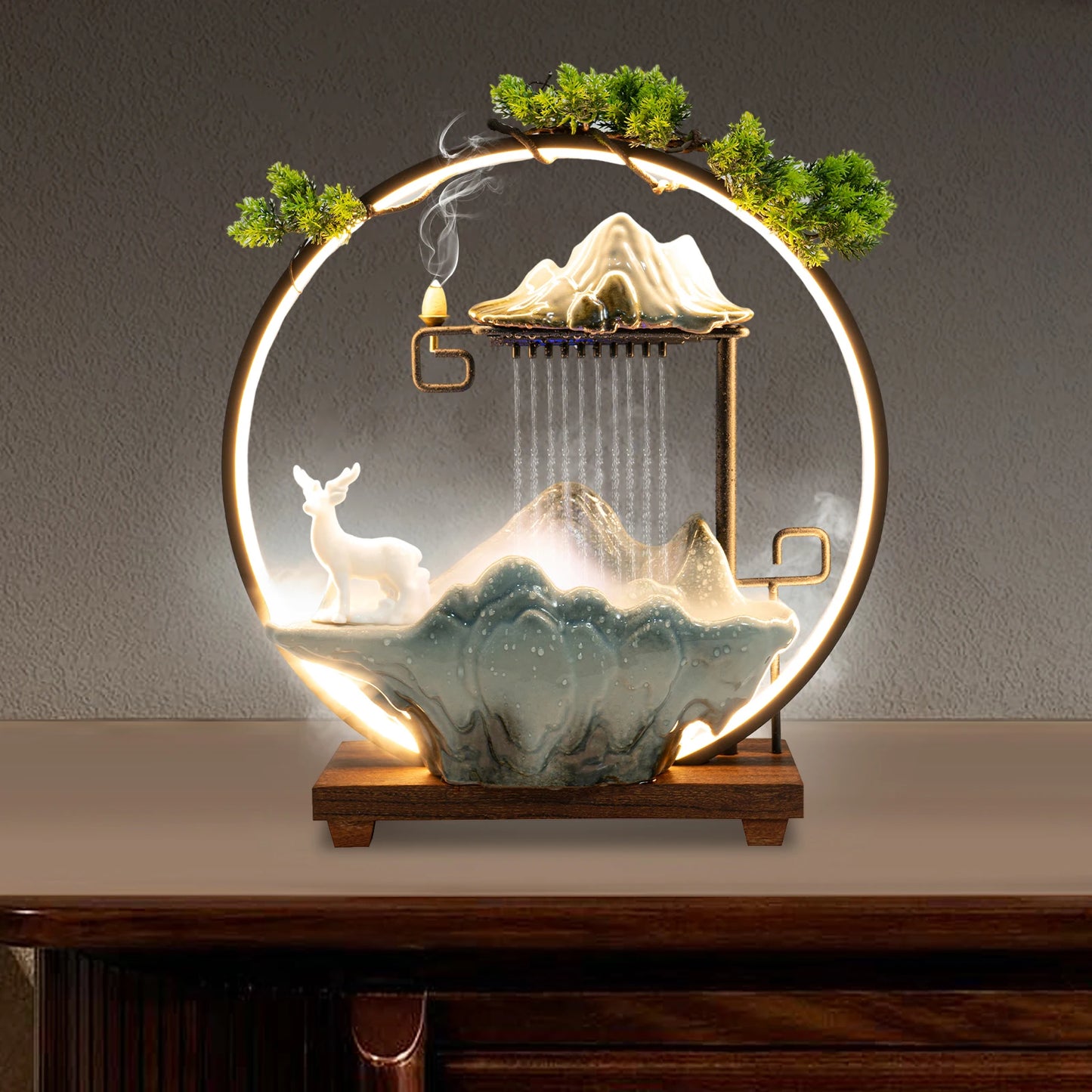 Tabletop Fountain with LED Lights Indoor Rockery Waterfall for Mist Effect Home Office Decor