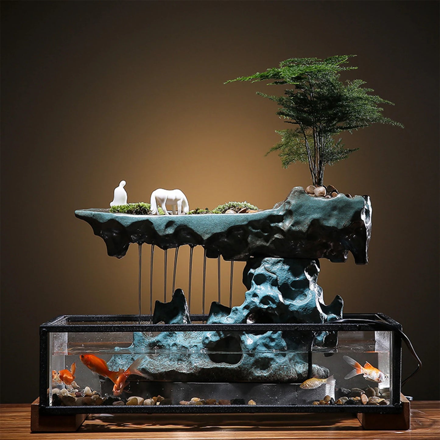 Desktop Rockery Waterfall Feng Shui Fountain with Rockery Stones for Office Indoor Desk Decoration