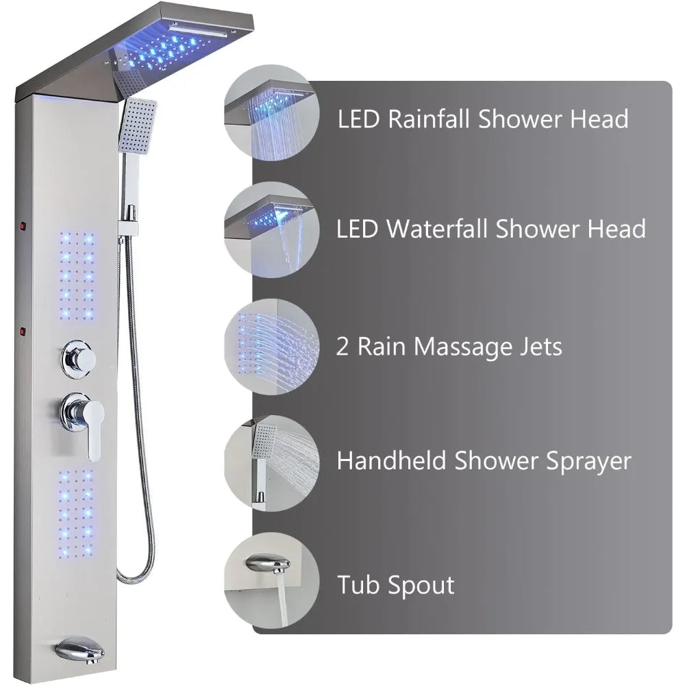 Shower Panel Tower System,LED Rainfall Waterfall Shower Head LED Large Area Massage Jets Tub Spout,Stainless Steel Bathroom