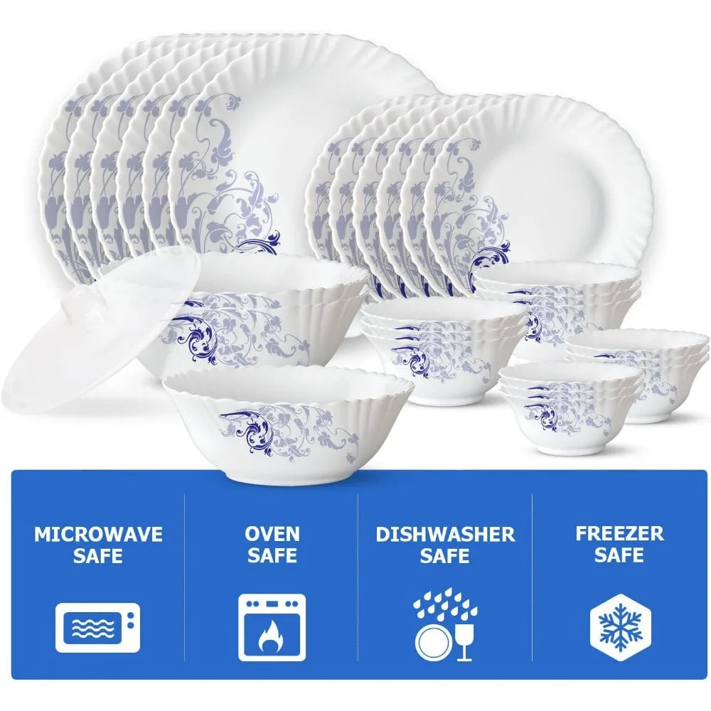 Borosil Gourmet Dinnerware Set For 6, 35 Pieces, White Dinner Plates and Bowls Sets, Chip Resistant Tempered Opal Glass, Stain