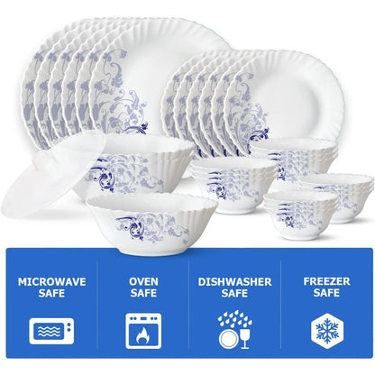 Borosil Gourmet Dinnerware Set For 6, 35 Pieces, White Dinner Plates and Bowls Sets, Chip Resistant Tempered Opal Glass, Stain