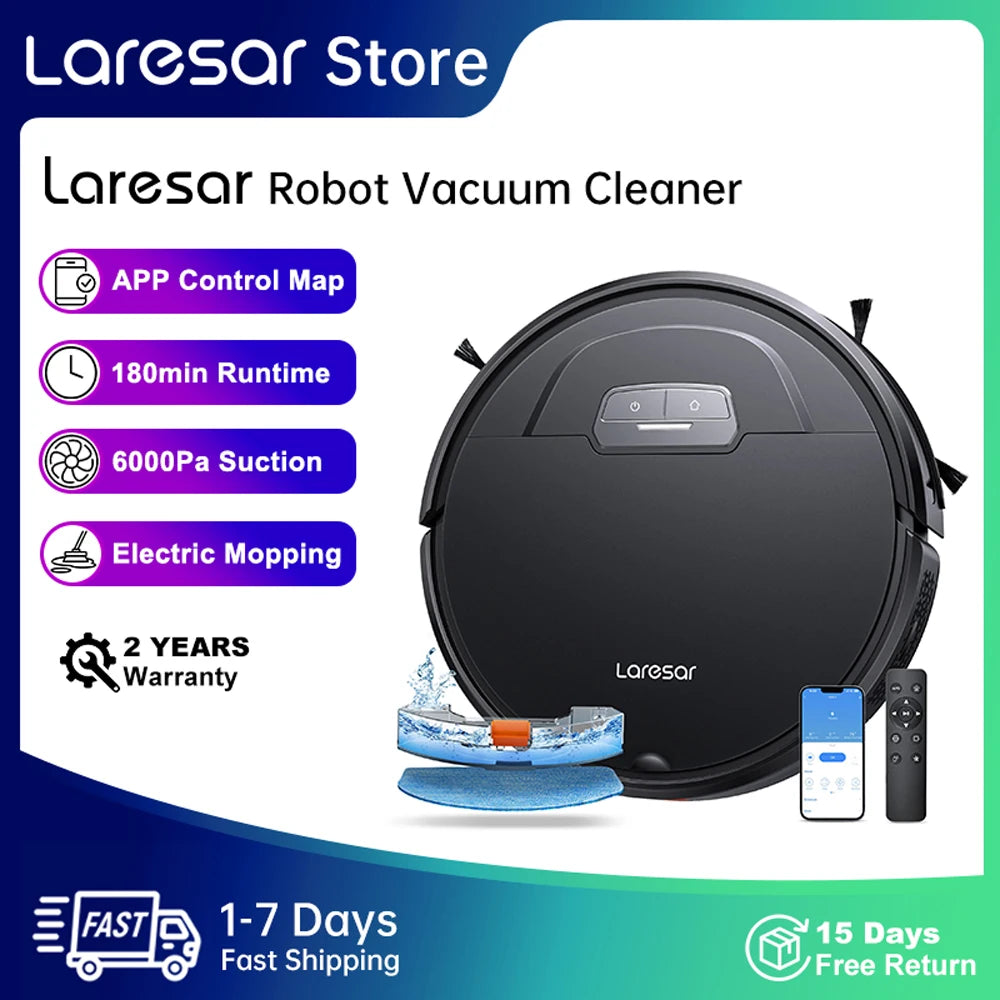 Laresar Robot Vacuum Cleaner Mop 6000Pa Wireless Smart APP Control Planned for Home Floor Washing Carpet Pet Hair Cleaning