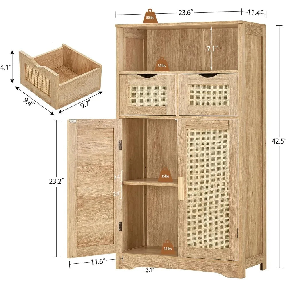 Iwell Storage Cabinet, Rattan Cabinet with 2 Drawers and Adjustable Shelves, Cupboard, Floor Cabinet with Doors for Living Room