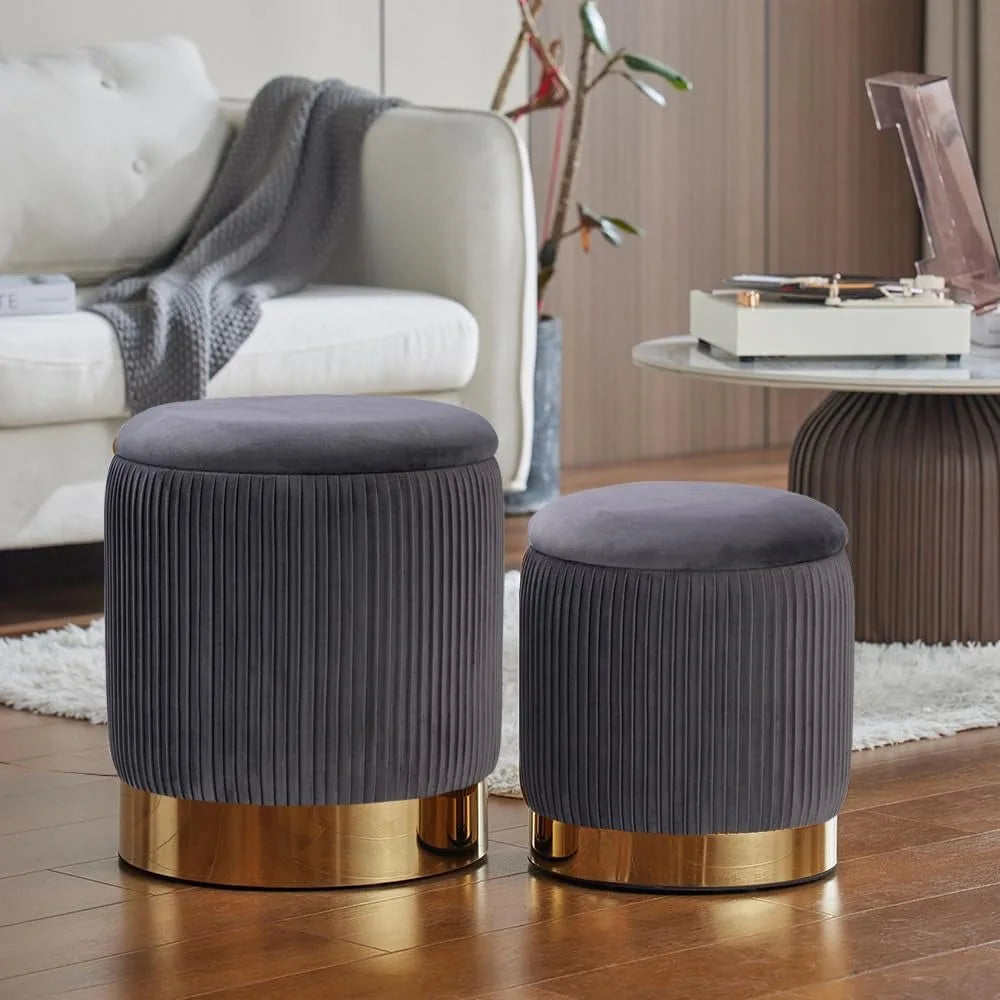 Round with Storage Set of 2, Velvet Storage Ottoman for Living Room, Round Storage, Ottoman Chair, Gold