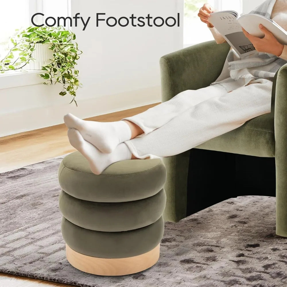 Velvet Ottoman Footstool, Tufted Modern Foot Rest Stool with Wood Base for Living Room, Bedroom, Desk, Round Versatile Side End