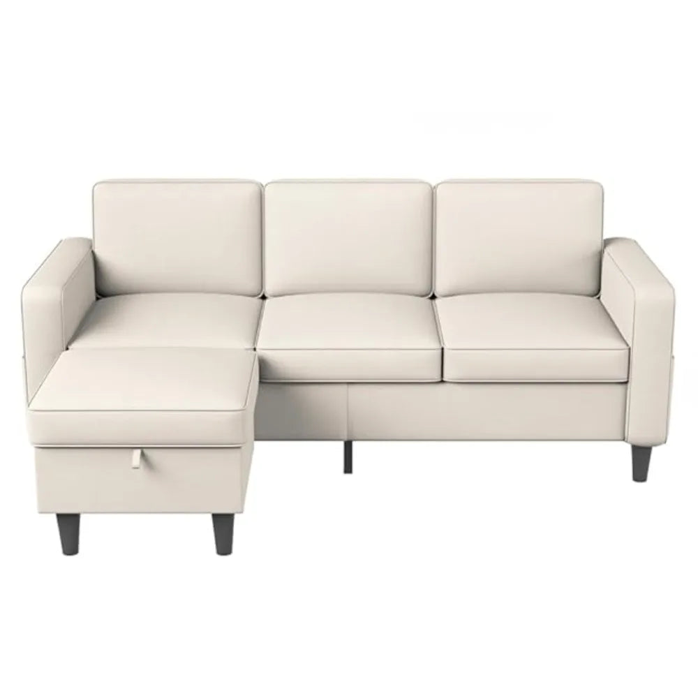 Convertible sectional sofa, upholstered 3-seater L-shaped sofa furniture set with reversible storage ottoman, living room pocket