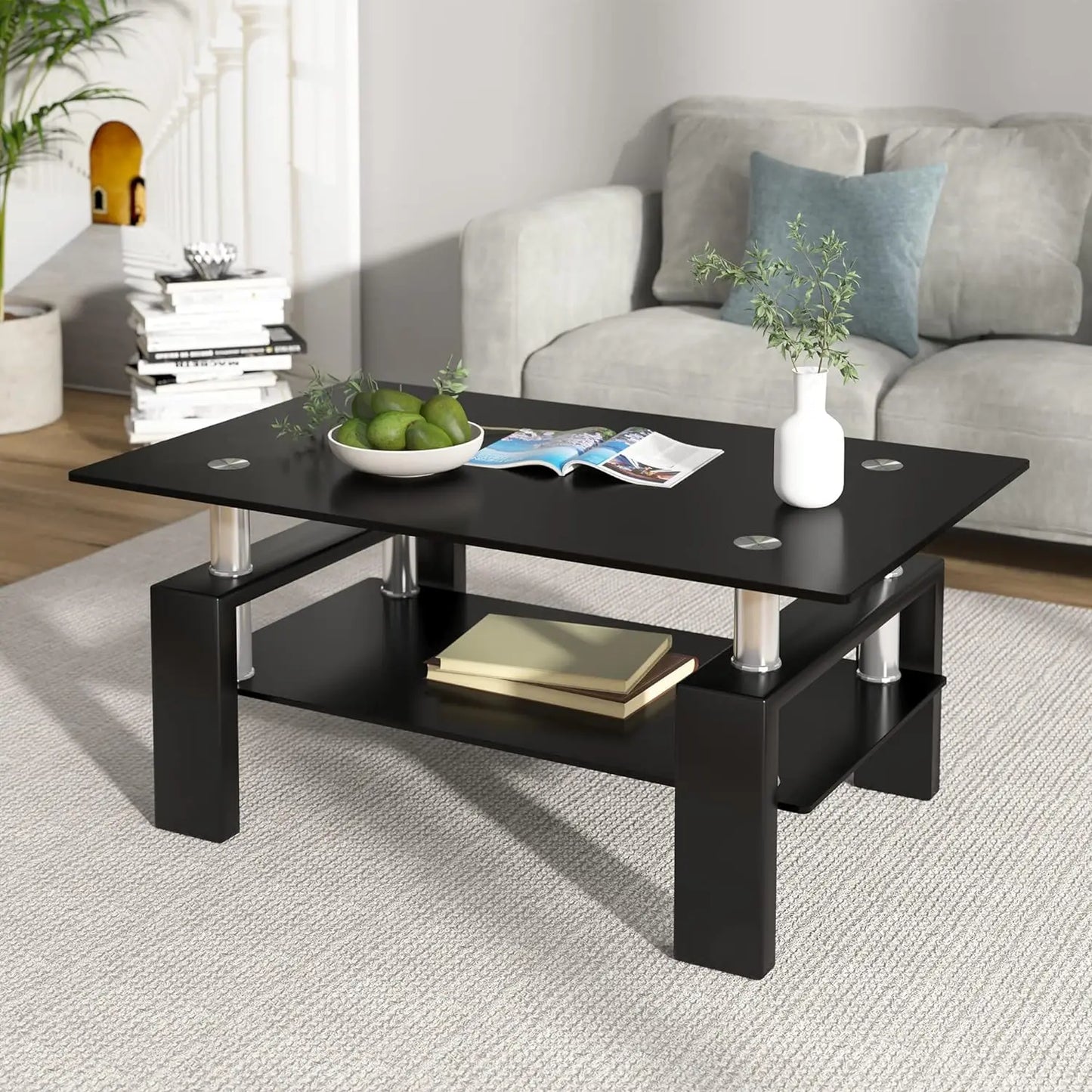 Rectangler Center Table with LED Lights2-Tier Tea Table Modern Side Coffee Table for Living Room