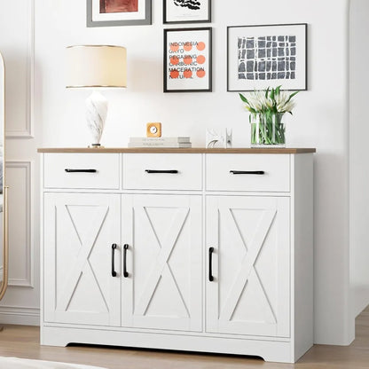 Modern Farmhouse Sideboard Buffet Cabinet, Barn Doors Buffet Storage Cabinet with Drawers and Shelves