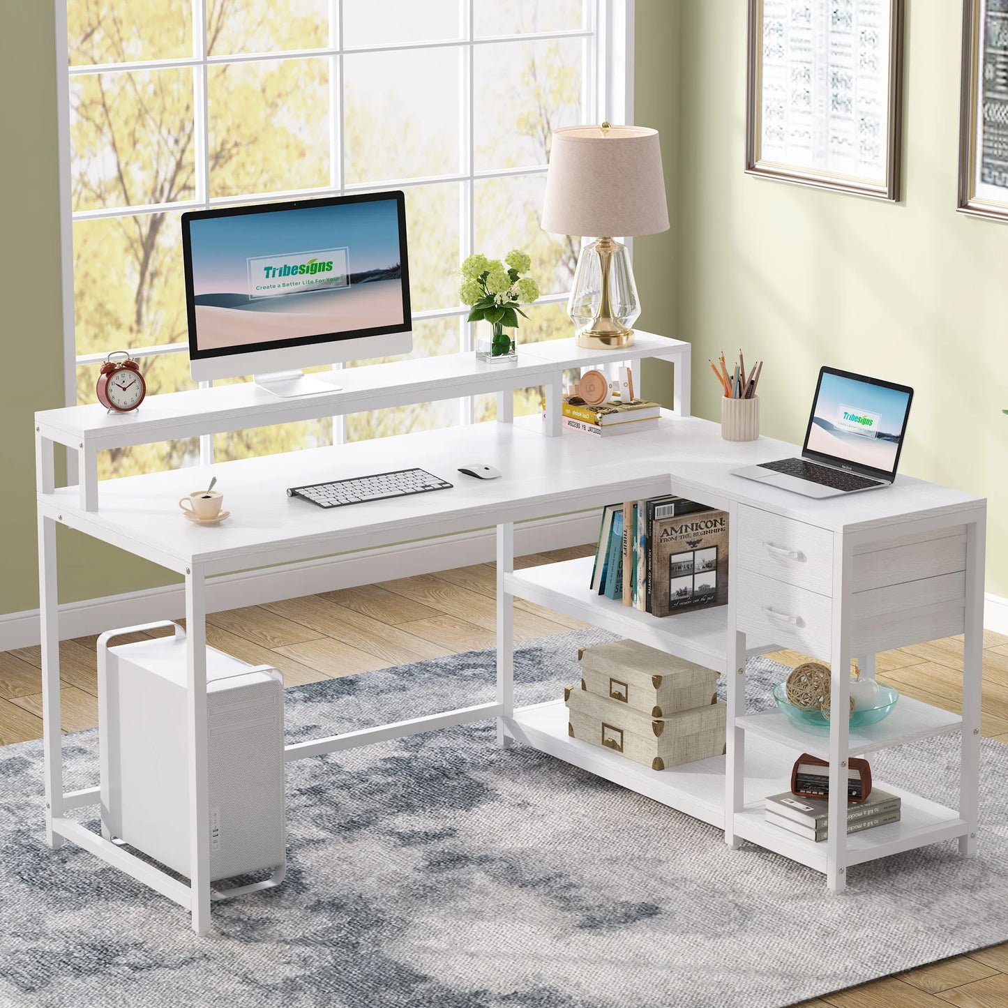 Tribesigns Reversible L Shaped Desk with Drawer, Industrial Corner Desk Home Office Table with Shelves and Monitor Stand