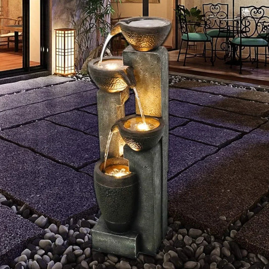 4-story outdoor garden fountain decoration, garden resin fountain, floor terrace, deck, porch, backyard, and home art decoration