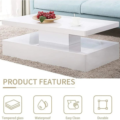 Modern LED Coffee Table 44 Inch, High Glossy Rectangler Center Table with LED Lights &2 Tier for Home Living Room