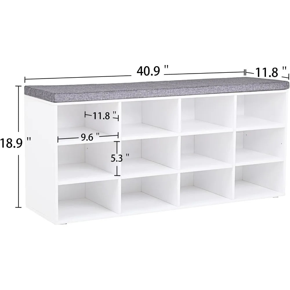 Shoe Storage Bench with Cushion, Cubby Shoe Rack with 12 Cubbies, Adjustable Shelves, Multifunctional Shoe Organizer Bench