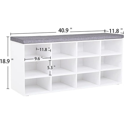 Shoe Storage Bench with Cushion, Cubby Shoe Rack with 12 Cubbies, Adjustable Shelves, Multifunctional Shoe Organizer Bench