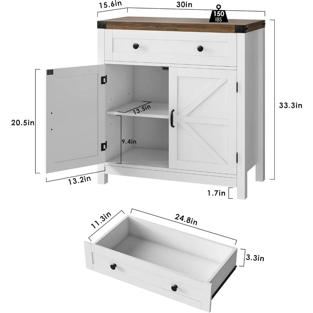 Modern Farmhouse Buffet Sideboard with Drawer and Adjustable Shelf, Barn Door Storage Cabinet forBathroom, Entryway