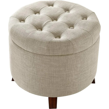 Upholstered Tufted Storage Round Ottomans, Burlap Beige, ‎20"W x 20"D x 17"H Footstool for Living Room,Bedroom,Office Ottoman