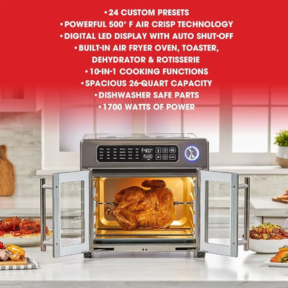 Emeril Lagasse (4-00675-02) 26 QT Extra Large Air Fryer w/ Grill Plate, Convection Toaster Oven w/ French Doors, Stainless Steel