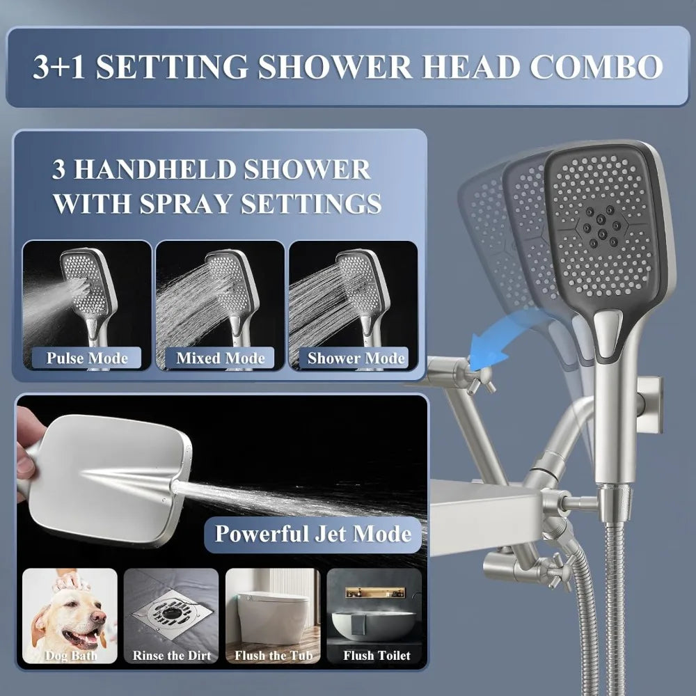 shower head，14 Inch Shower Head With Handheld, High-Pressure Rain/Rainfall Shower Heads With 3+1 Settings Handheld Spray,