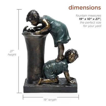 Outdoor Garden Waterfall Fountain Playful Boy and Girl Drinking Water Feature 27" Joyful Bronze Nostalgic Stone Decor Rust