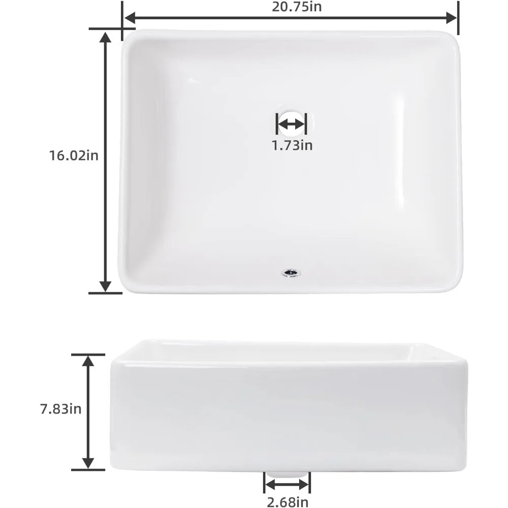 Rectangular Ceramic Countertop Vessel Sink, White Bathroom Sink, Ceramic Small Sink Bowl, Vanity Art Basin, 21 "x 16" x 6"