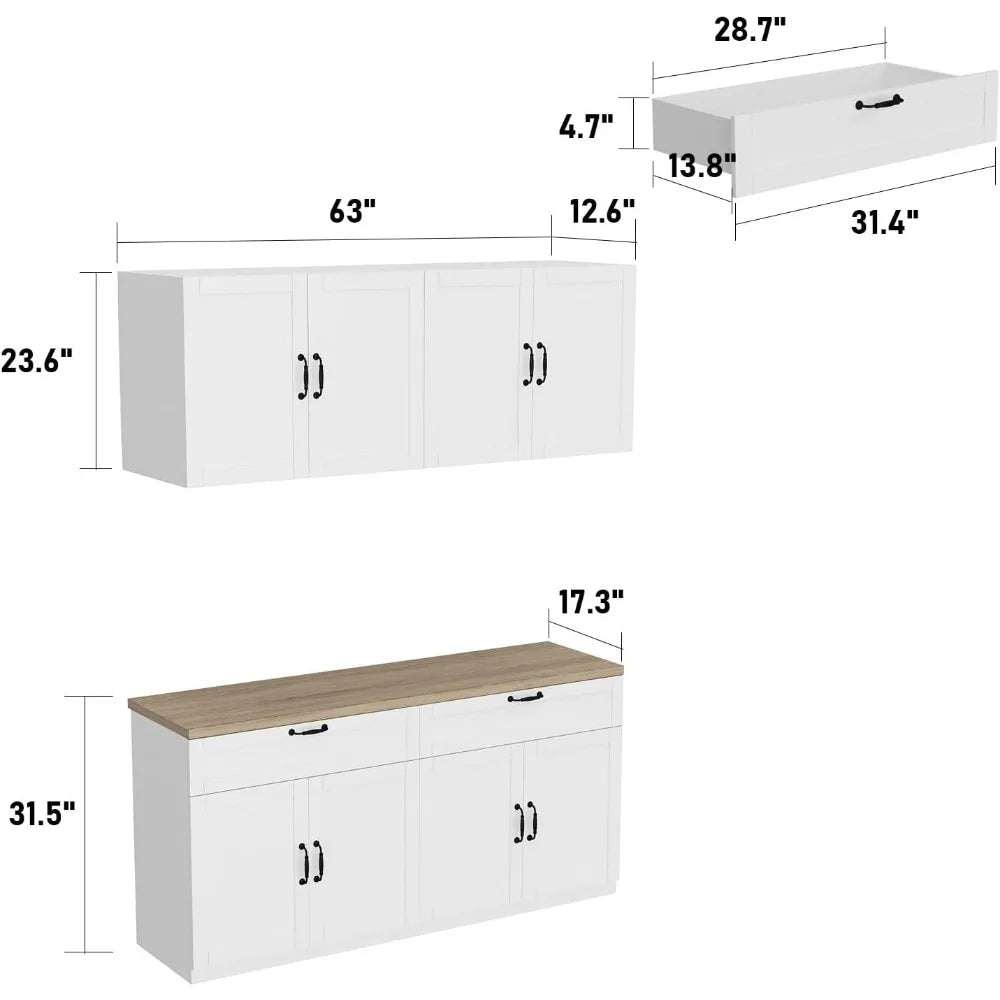 Wall-Mounted Kitchen Pantry with Countertop, with Drawers & Doors, Sufficient Storage, Thickened MDF Board, Kitchen Cabinets