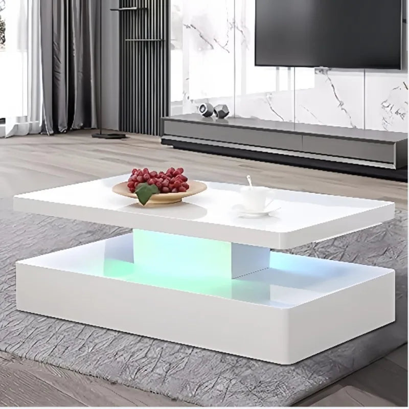 Modern LED Coffee Table 44 Inch, High Glossy Rectangler Center Table with LED Lights &2 Tier for Home Living Room