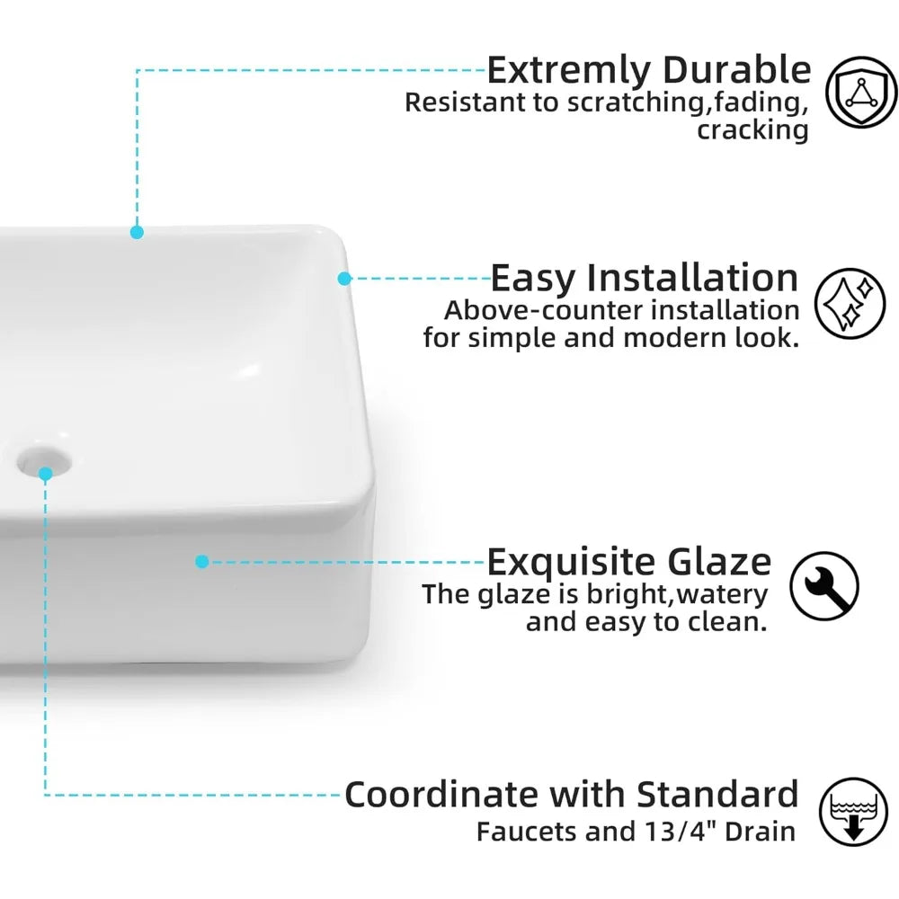 Rectangular Ceramic Countertop Vessel Sink, White Bathroom Sink, Ceramic Small Sink Bowl, Vanity Art Basin, 21 "x 16" x 6"