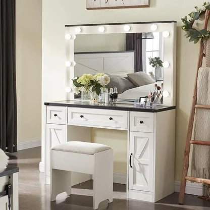 Make-up Dresser with Mirror and Lamp, Farmhouse Dresser Set, Including Stool, Bedroom, Off-white Mirrors for Bedroom