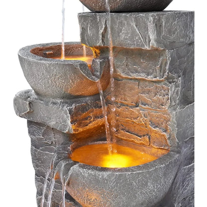 33.25 in. Cascading Bowls and Stacked Stones LED Outdoor Water Fountain for Gardens, Landscaping, Patios, Balconies