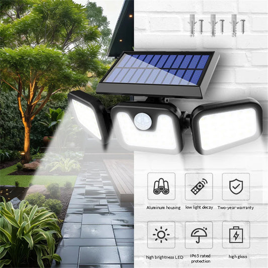 74 LED Solar Wall Lamp 3Head Luminous PIR Motion Sensor Wall Flood Light Outdoor IP65 Waterproof Garden Courtyard Security Light