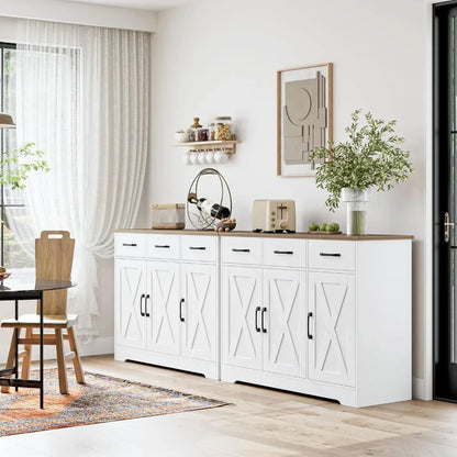 Modern Farmhouse Sideboard Buffet Cabinet, Barn Doors Buffet Storage Cabinet with Drawers and Shelves