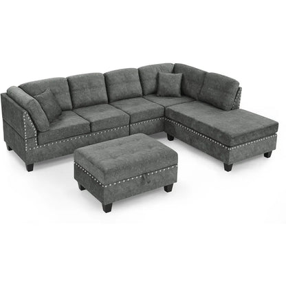 Living Room Furniture Sets,Sectional Sofa with Storage Ottoman,L-Shaped 2 Pillows&Extra Wide Reversible Chaise,